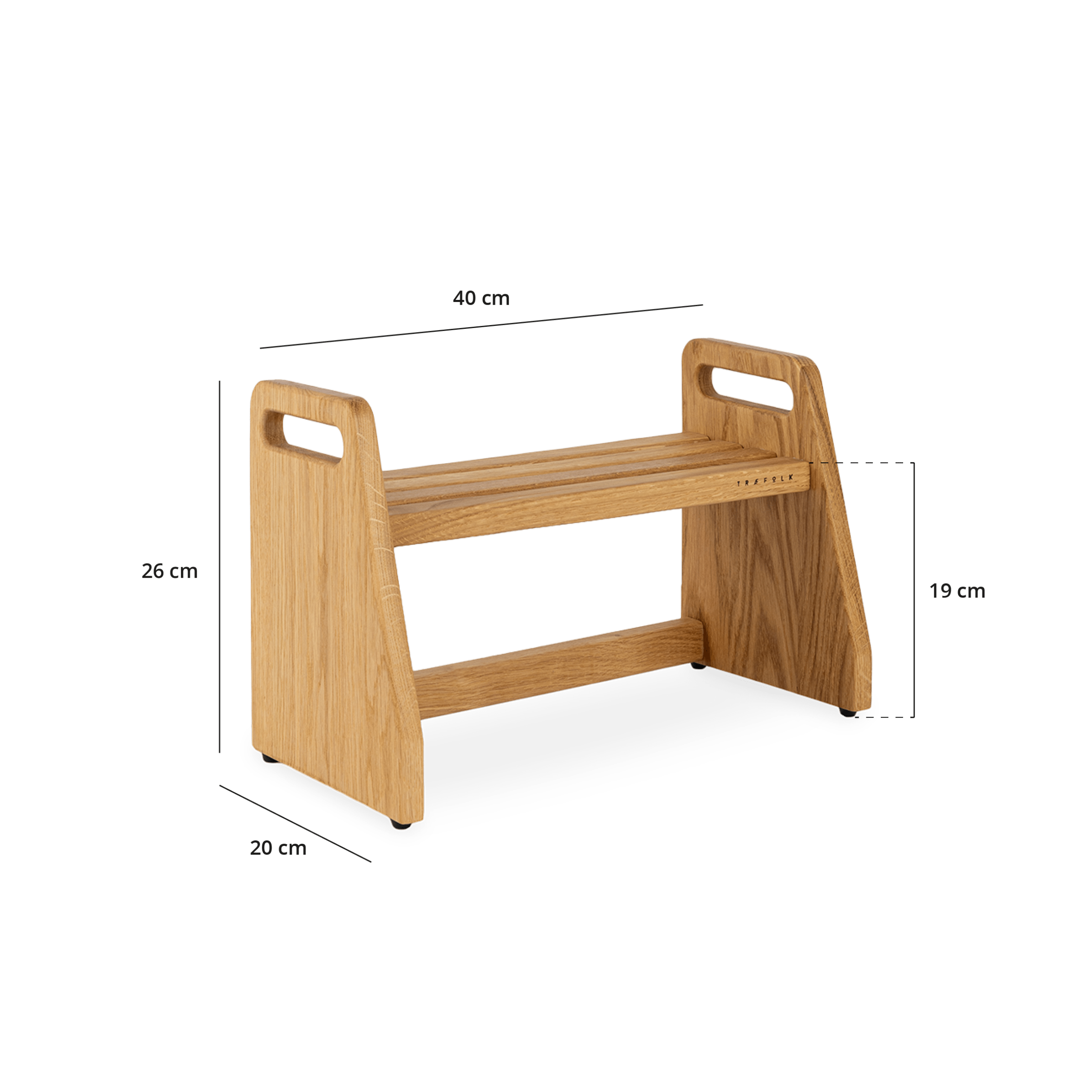 Taburet med 1 trin, i egetræ, med tegninger af dimensionerne