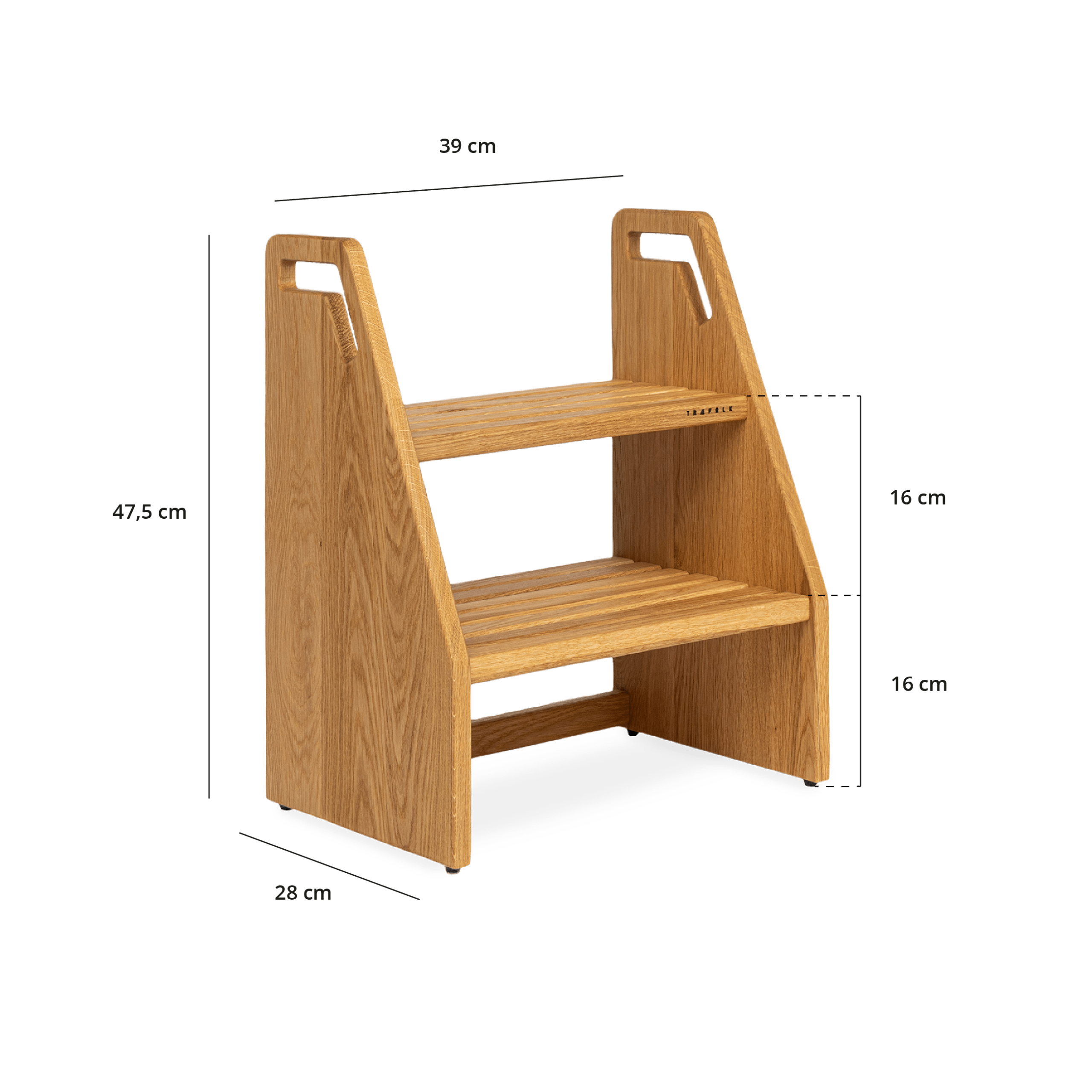 Taburet med 2 trin, i egetræ, med tegninger af dimensionerne