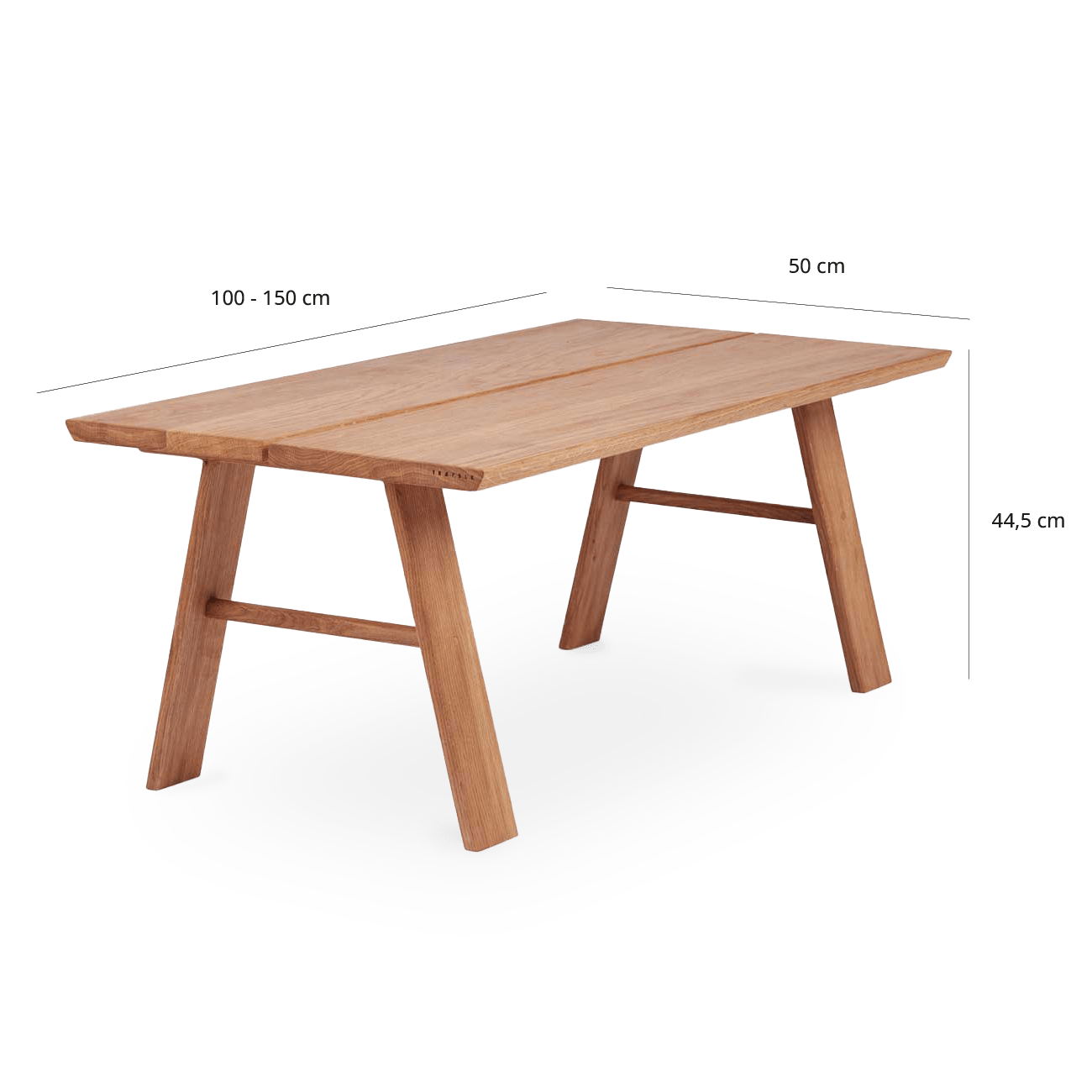 Måltegning af Folke sofabord: Længde 100-150 cm, Bredde 50 cm og højde 44,5 cm.