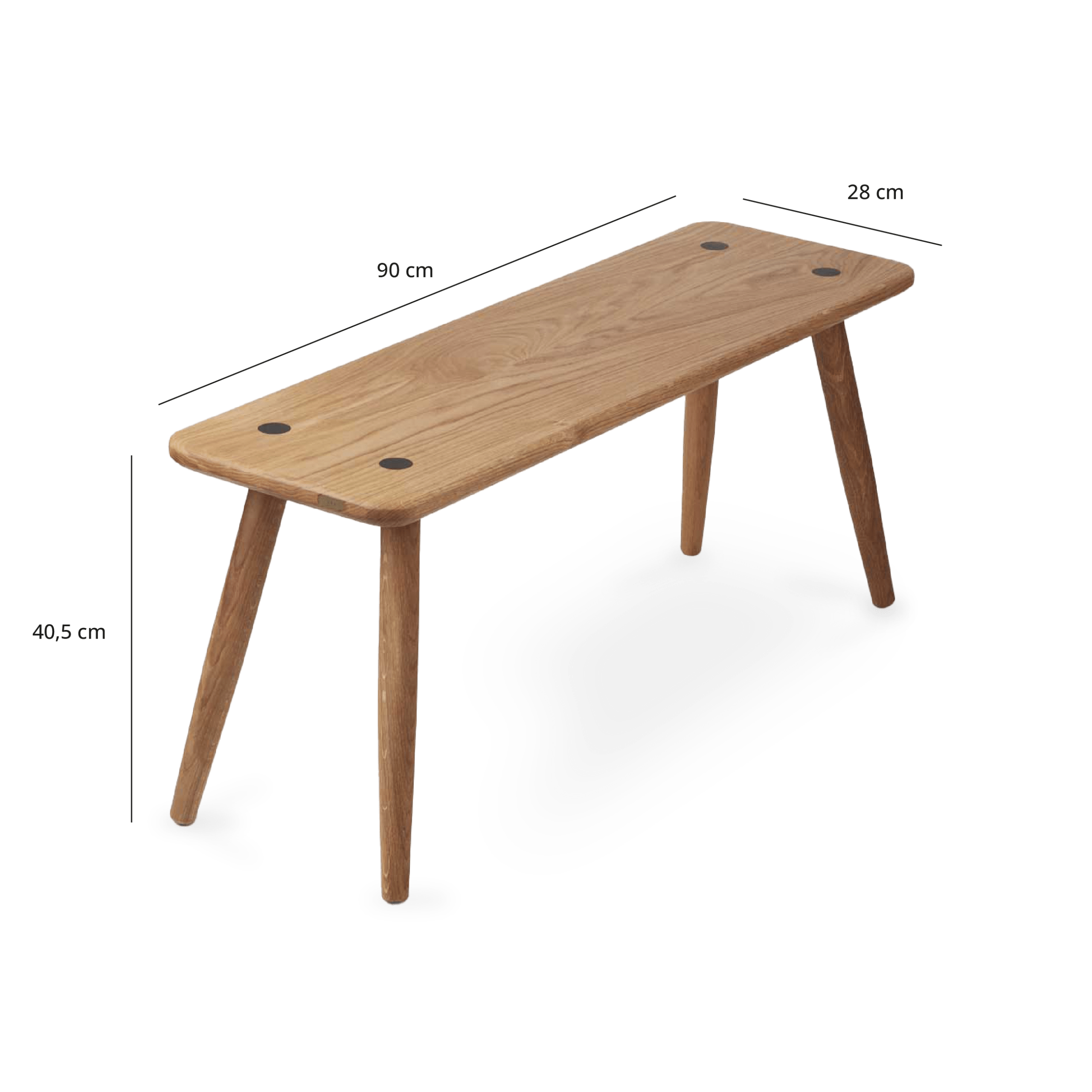 Thyra bænk i egetræ, der er desginet til at passe sammen med sengen. Tegninger med dimensioner