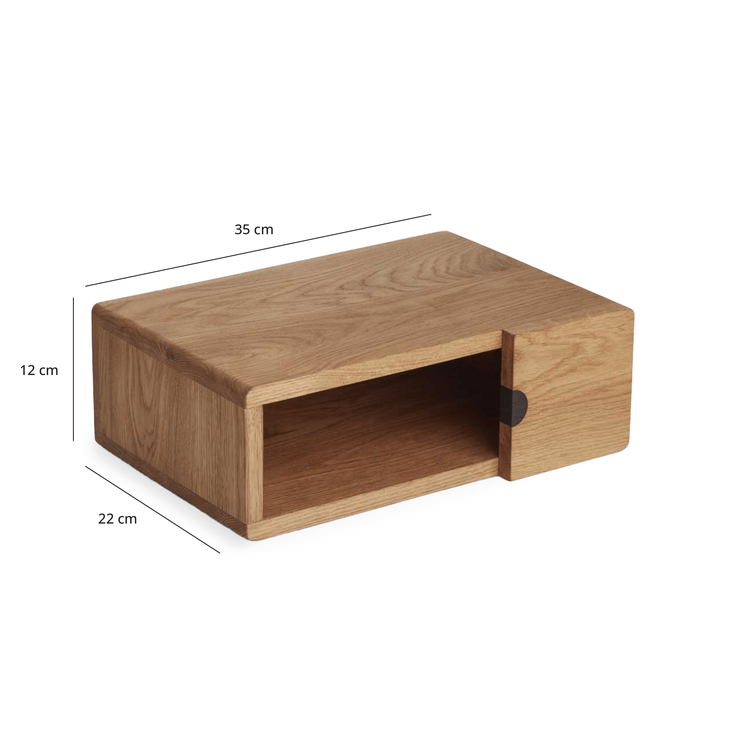 Thyra sengebord i egetræ, der er desginet til at passe sammen med sengen. Tegninger med dimensioner