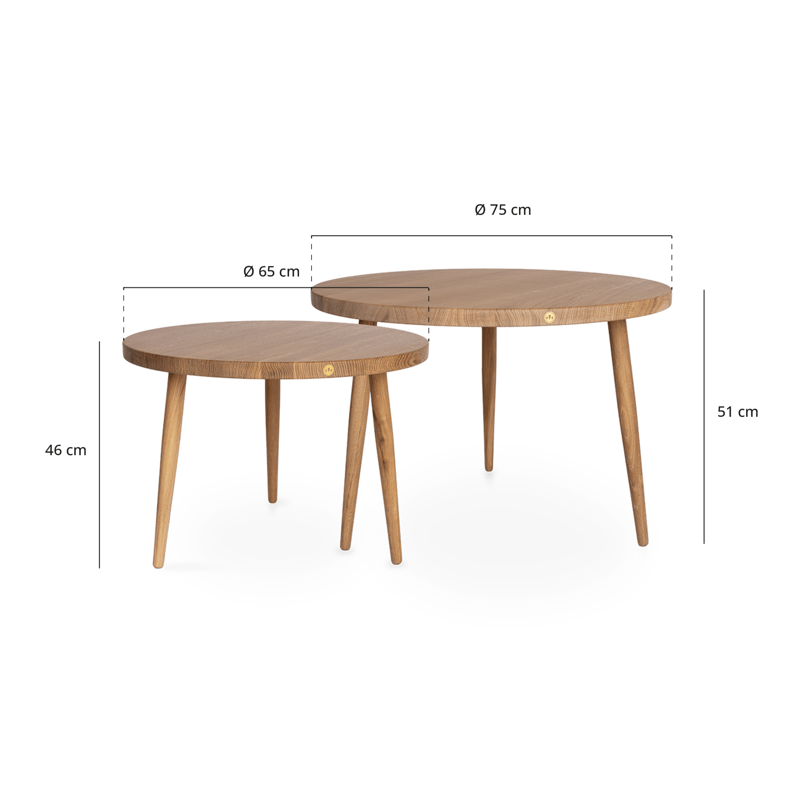Hera sofaborde i egetræ, her i størrelserne medium og large. Tegninger af dimensionerne på bordene.