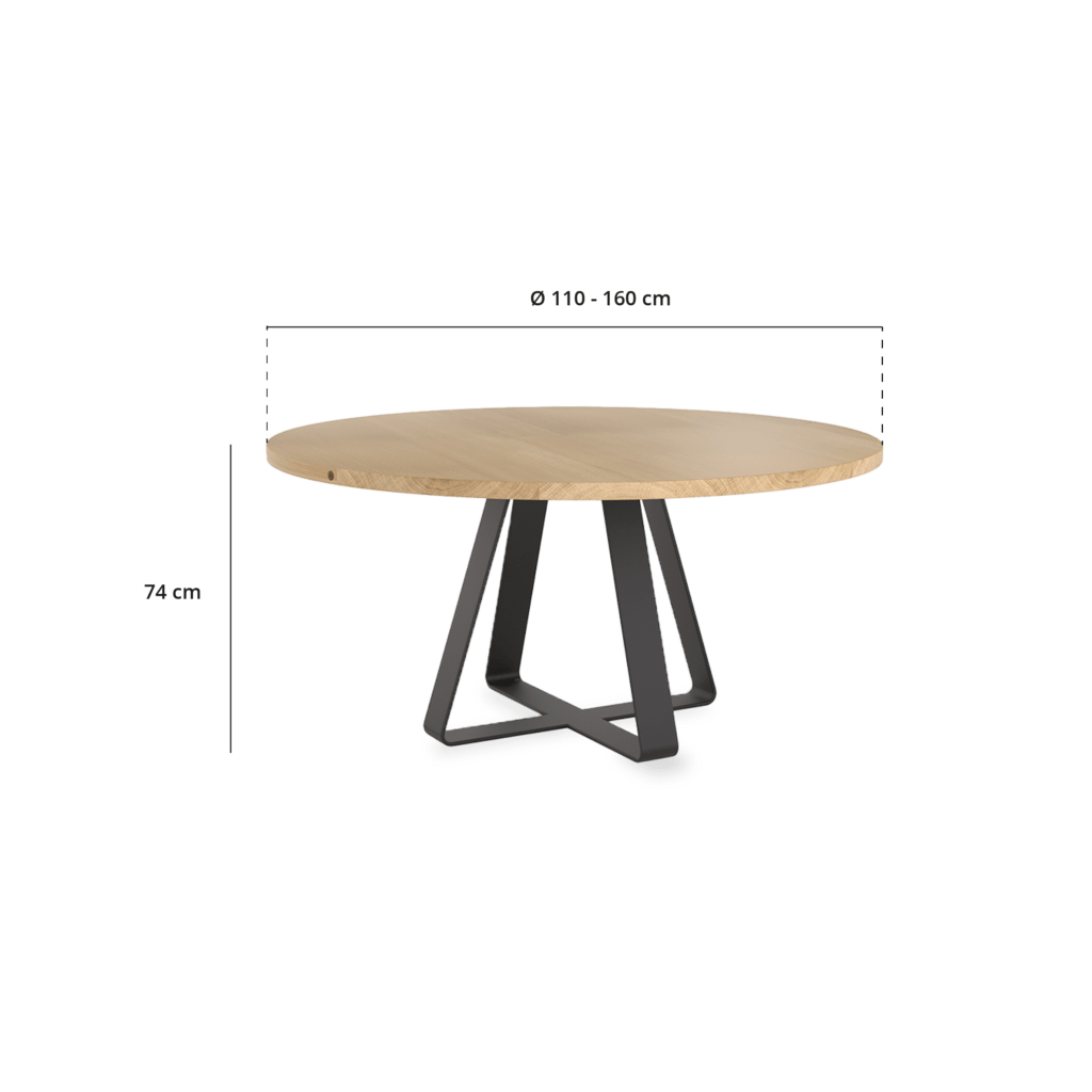 Embla spisebord i massivt træ og sortlakeret metal stel, med tegninger er dimensionerne