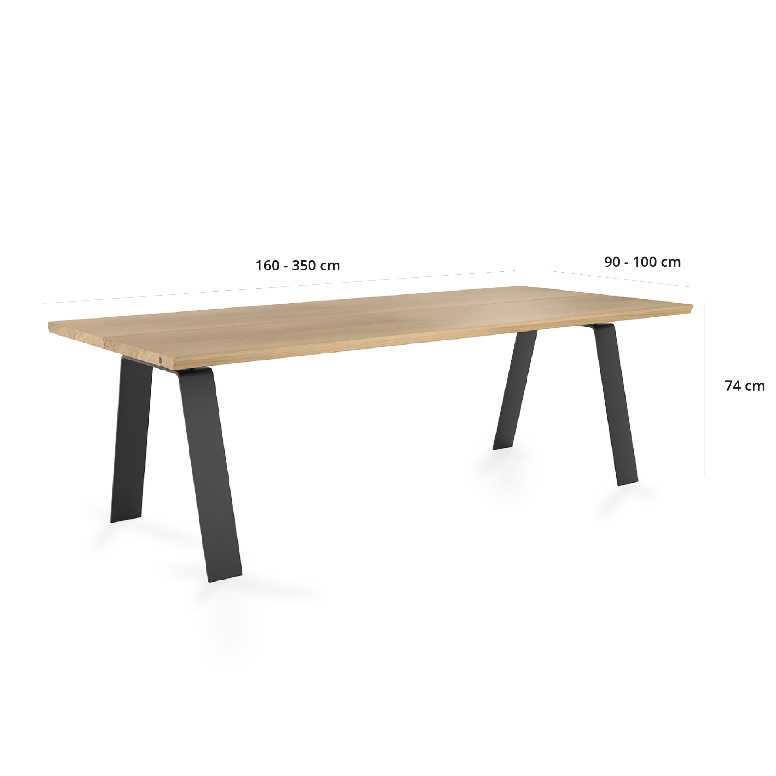 Heimdal spisebord i massivt træ og stel i sortlakeret metal, med tegninger er dimensionerne