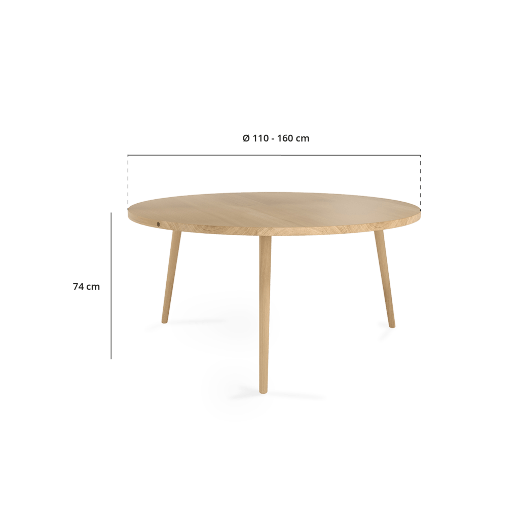 Hera spisebord i massivt træ, med tegninger er dimensionerne