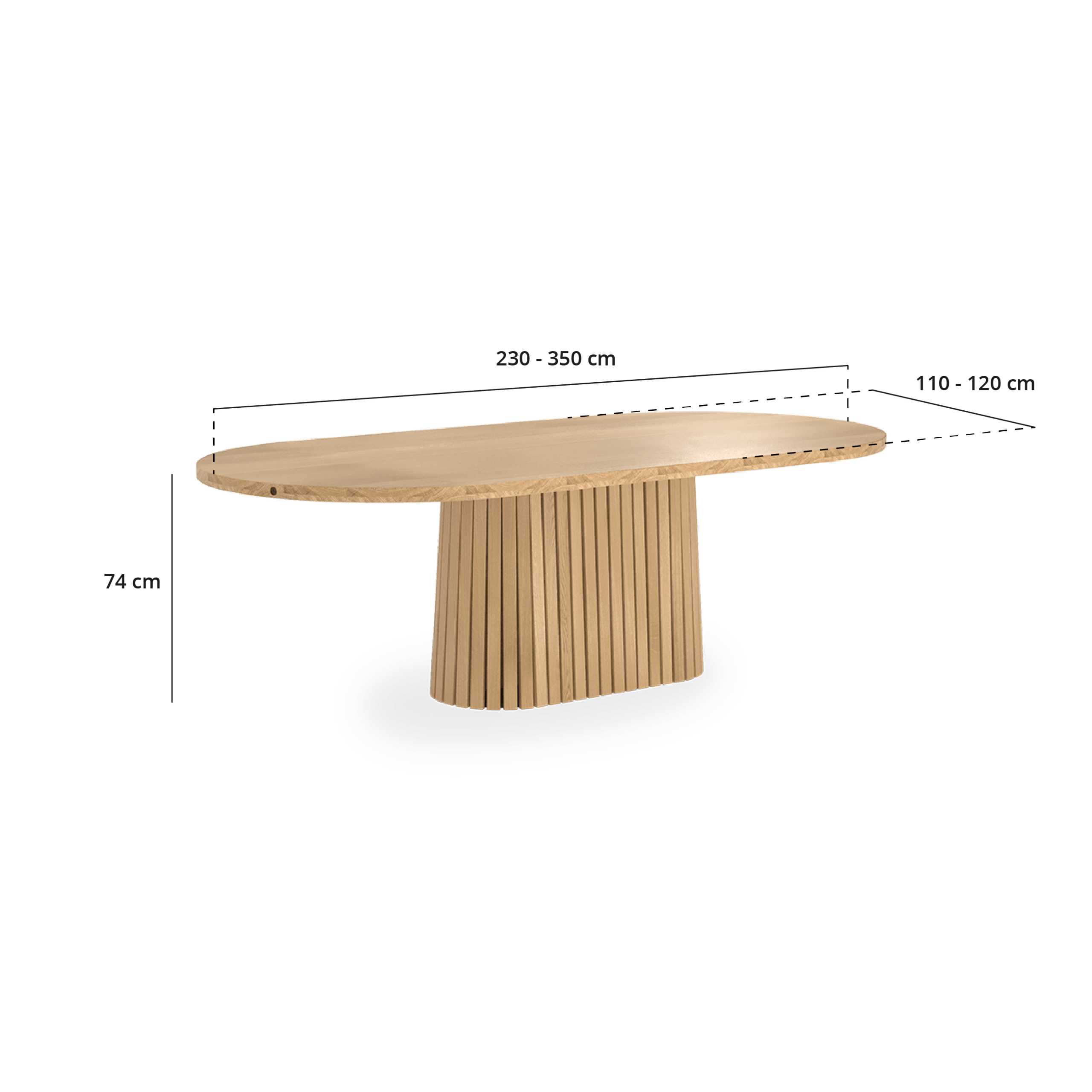 Mjölner longtable spisebord i massivt træ, med tegninger er dimensionerne