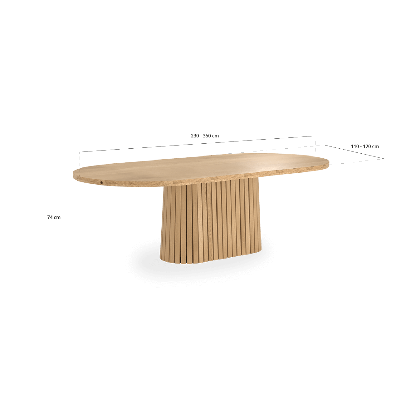 Måltegning af Mjölner Long spisebord, længde 230–350 cm, bredde 110-120 cm og højde 74 cm.