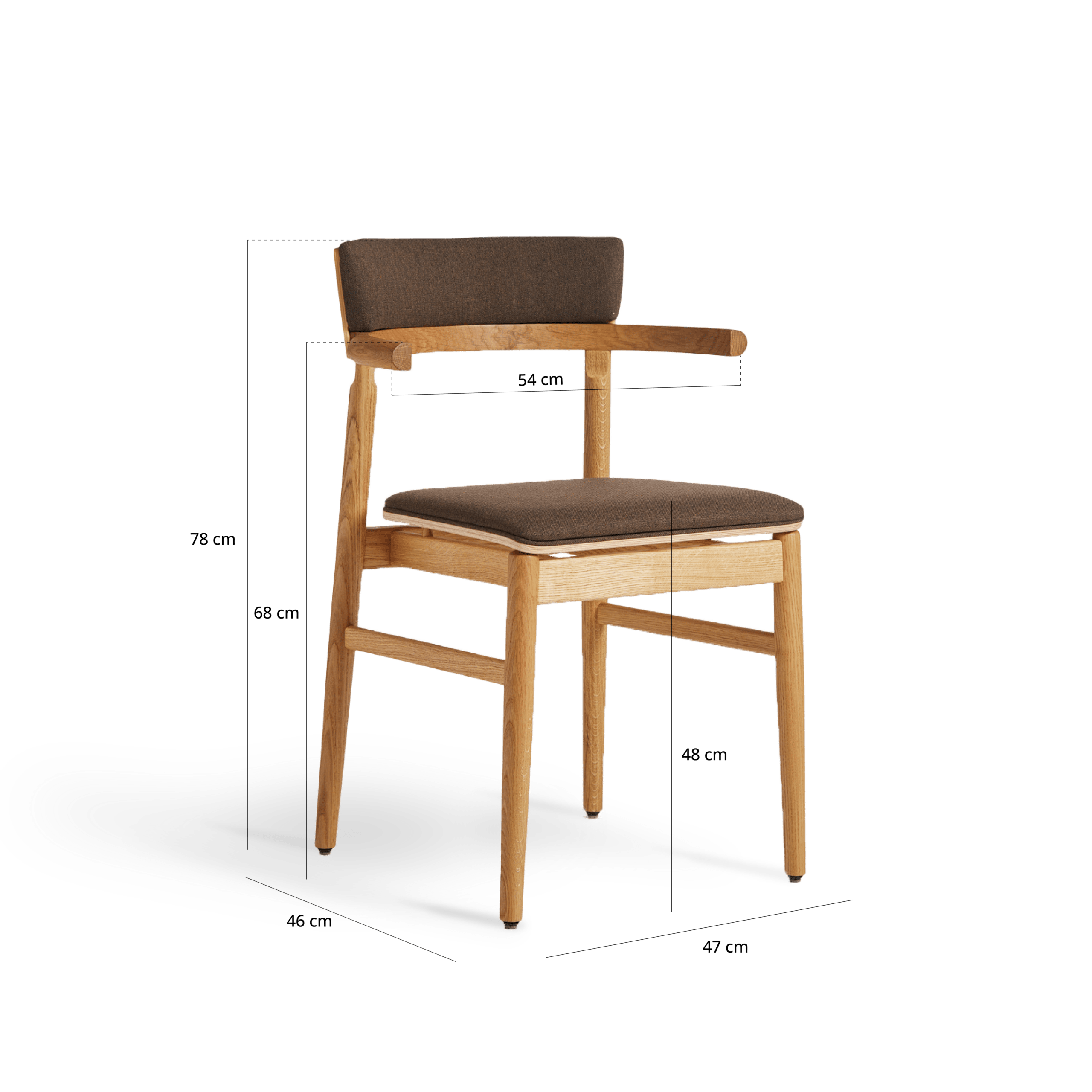 Sibba spisebordsstol i egetræ og hynder i brunt stof, med tegninger af dimensionerne.