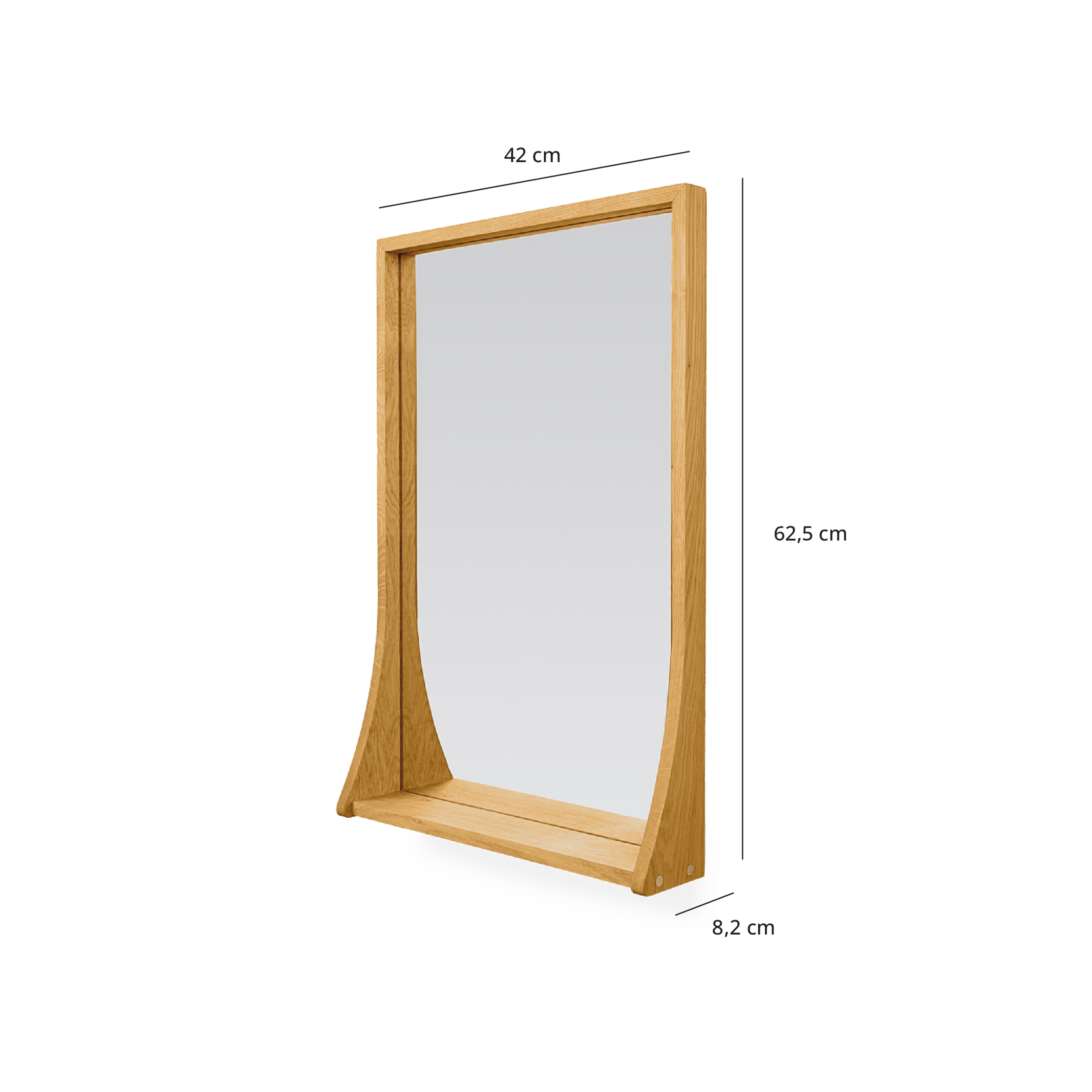 Alva garderobe, spejl i egetræ og messingdetaljer, med tegninger af dimensionerne