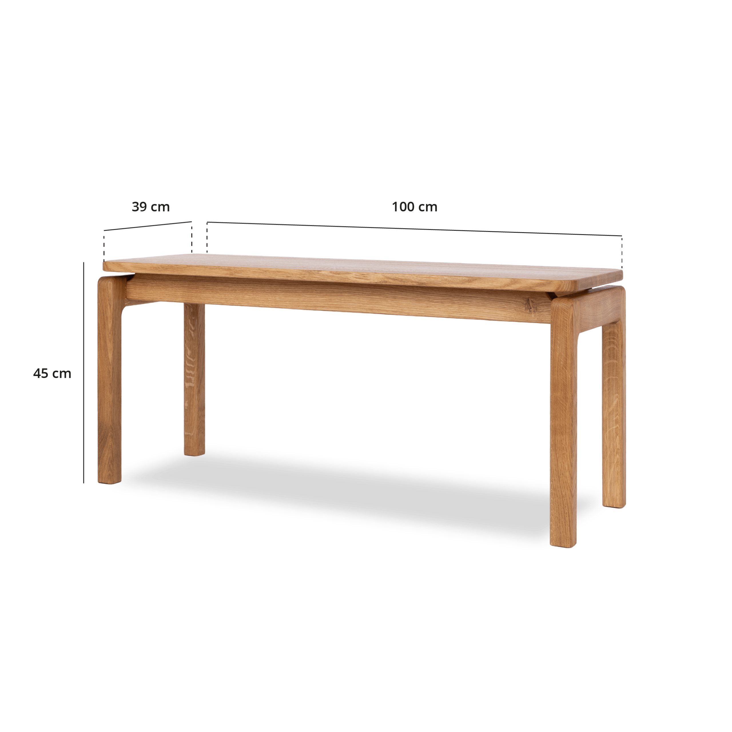 Edda bænk i massivt egetræ, 100 cm i længden, med tegninger af dimensioner