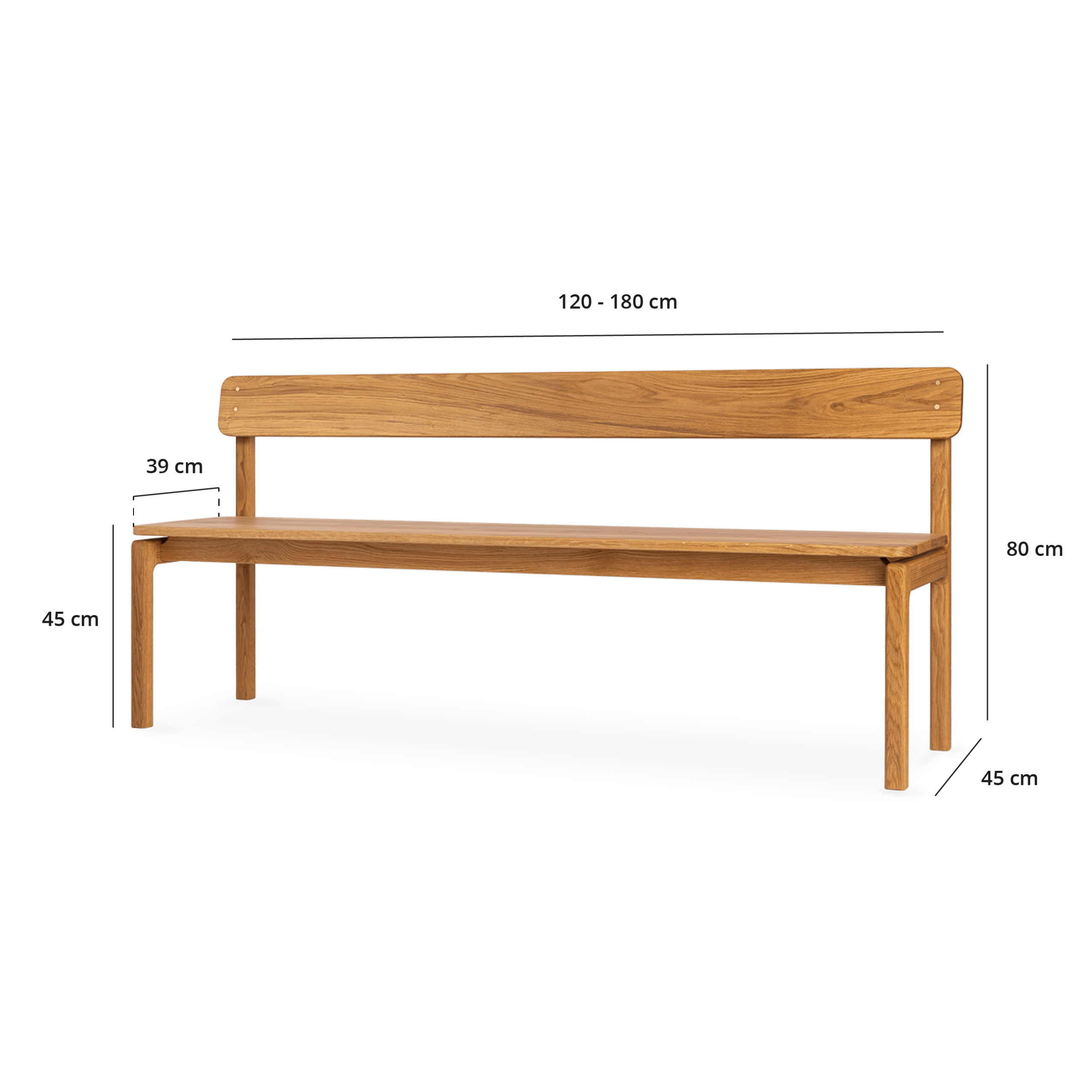 Edda bænk med ryg i massivt egetræ, med tegninger af dimensioner