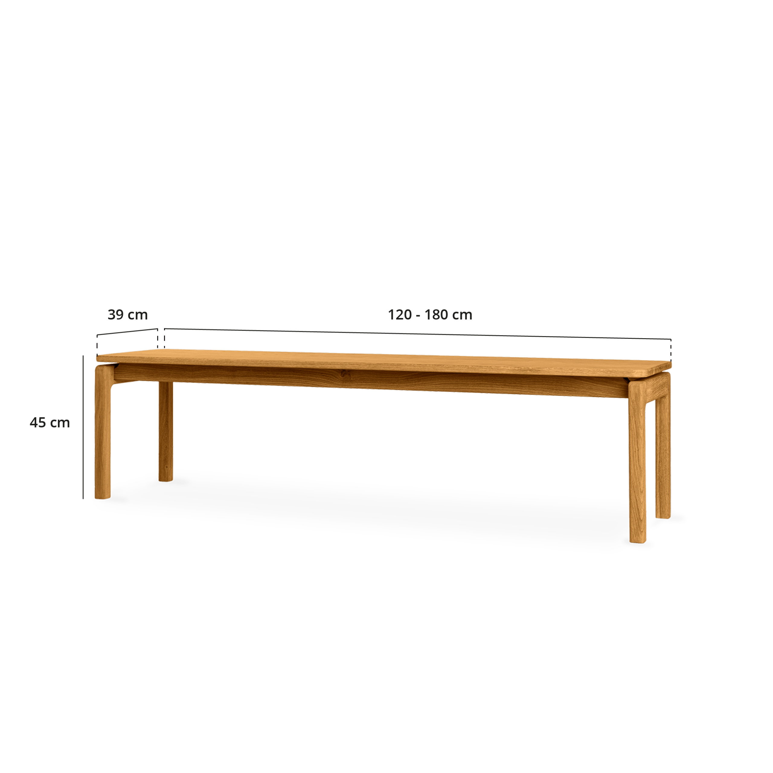 Edda bænk i massivt egetræ, med tegninger af dimensioner