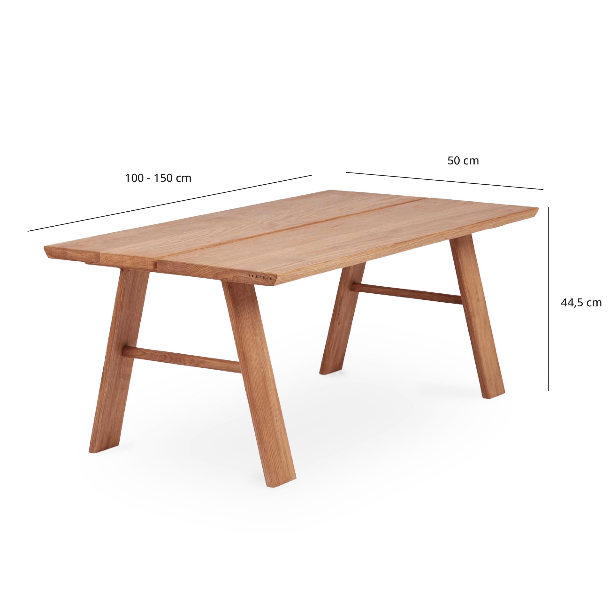 Folke sofabord i egetræ med tegninger af dimensioner