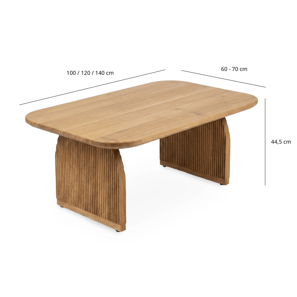 Freya 01 sofabord i egetræ med tegninger af dimensioner