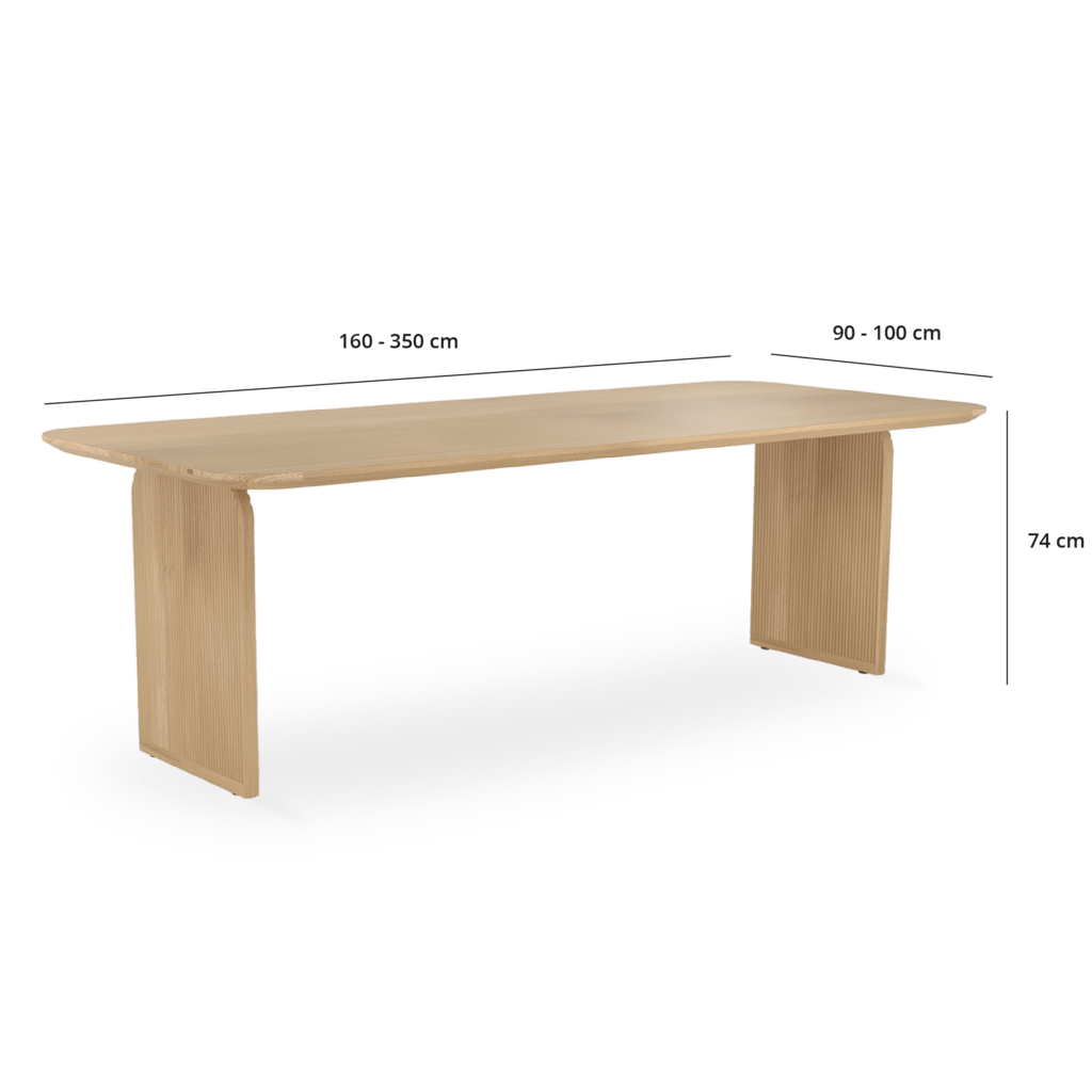 Freya 01 spisebord i massivt træ, med tegninger er dimensionerne