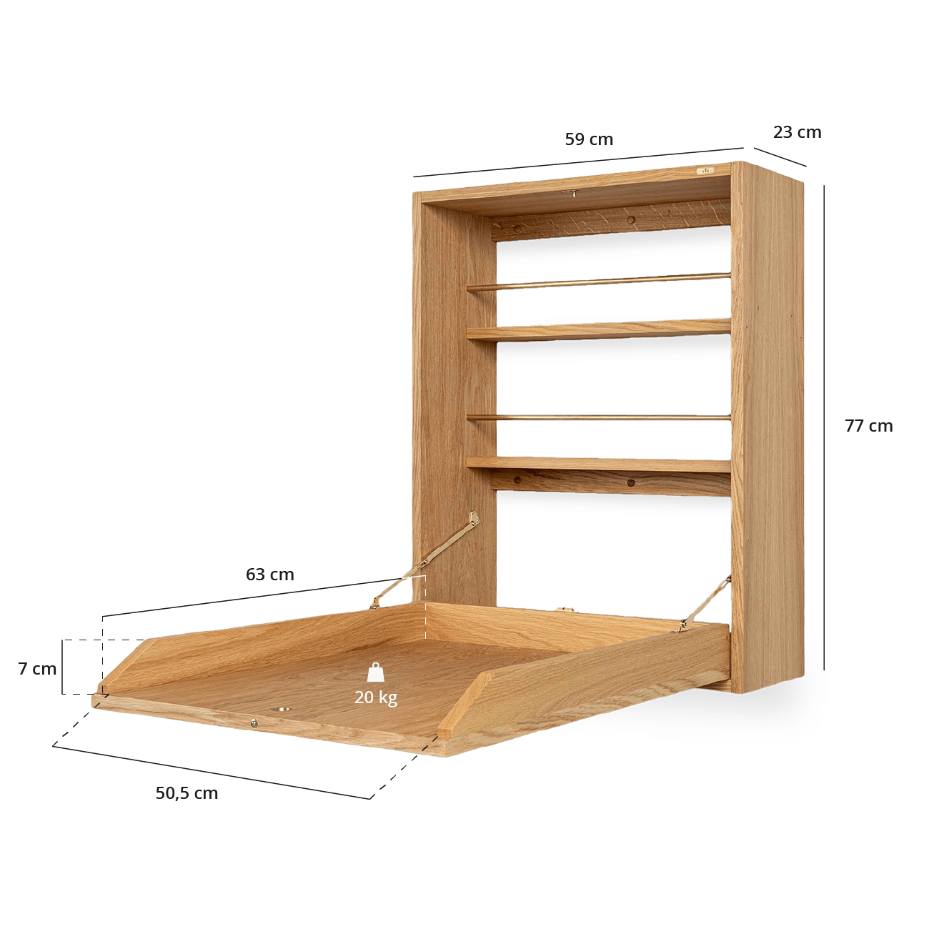 Gro puslebord i egetræ og detaljer i messing, med tegninger af dimensionerne