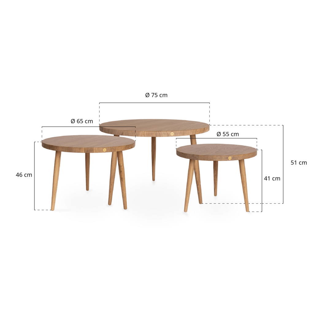 Hera sofaborde i egetræ, sæt af 3 i small, medium og large, tegning med dimensioner