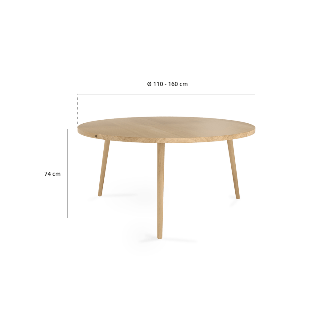 Måltegning af Heimdal spisebord: Diameter 110-160 cm og højde 74 cm.