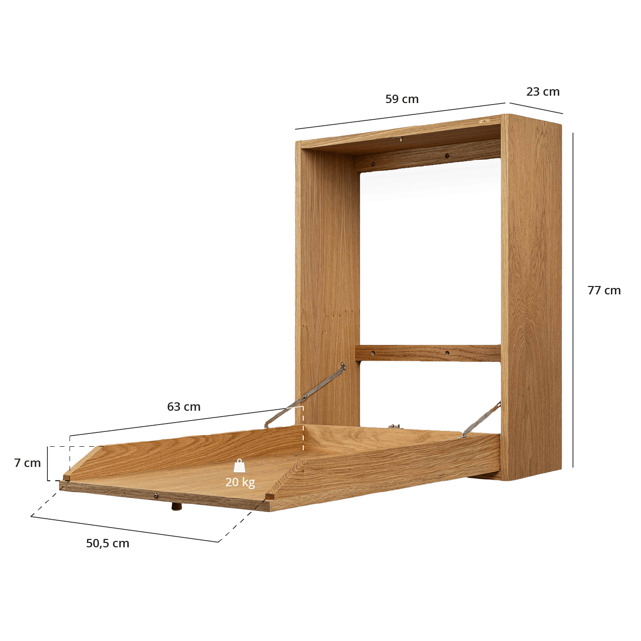 Liv puslebord i egetræ, med tegninger af dimensionerne