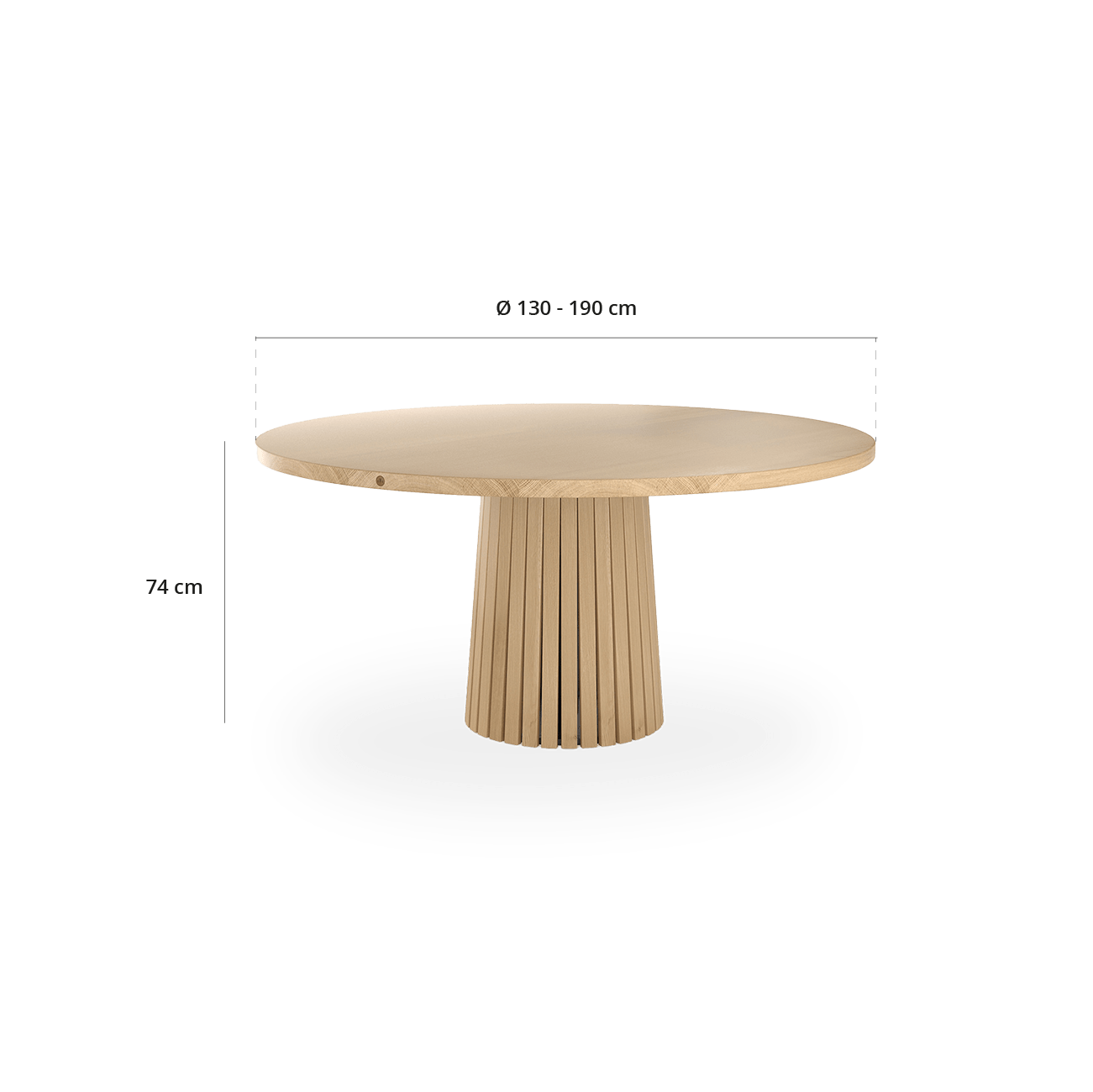 Måltegning af Mjölner spisebord: Diameter 130-190 cm og højde 74 cm.