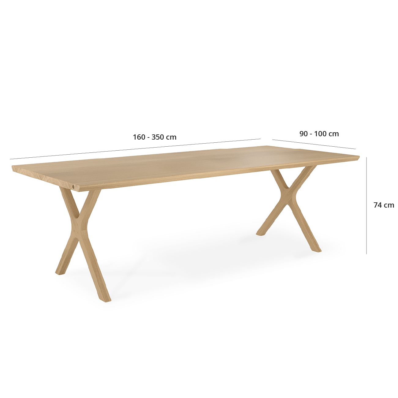 Måltegning af Saga spisebord: Længde 160-350 cm, Bredde 90-100 cm og højde 74 cm.