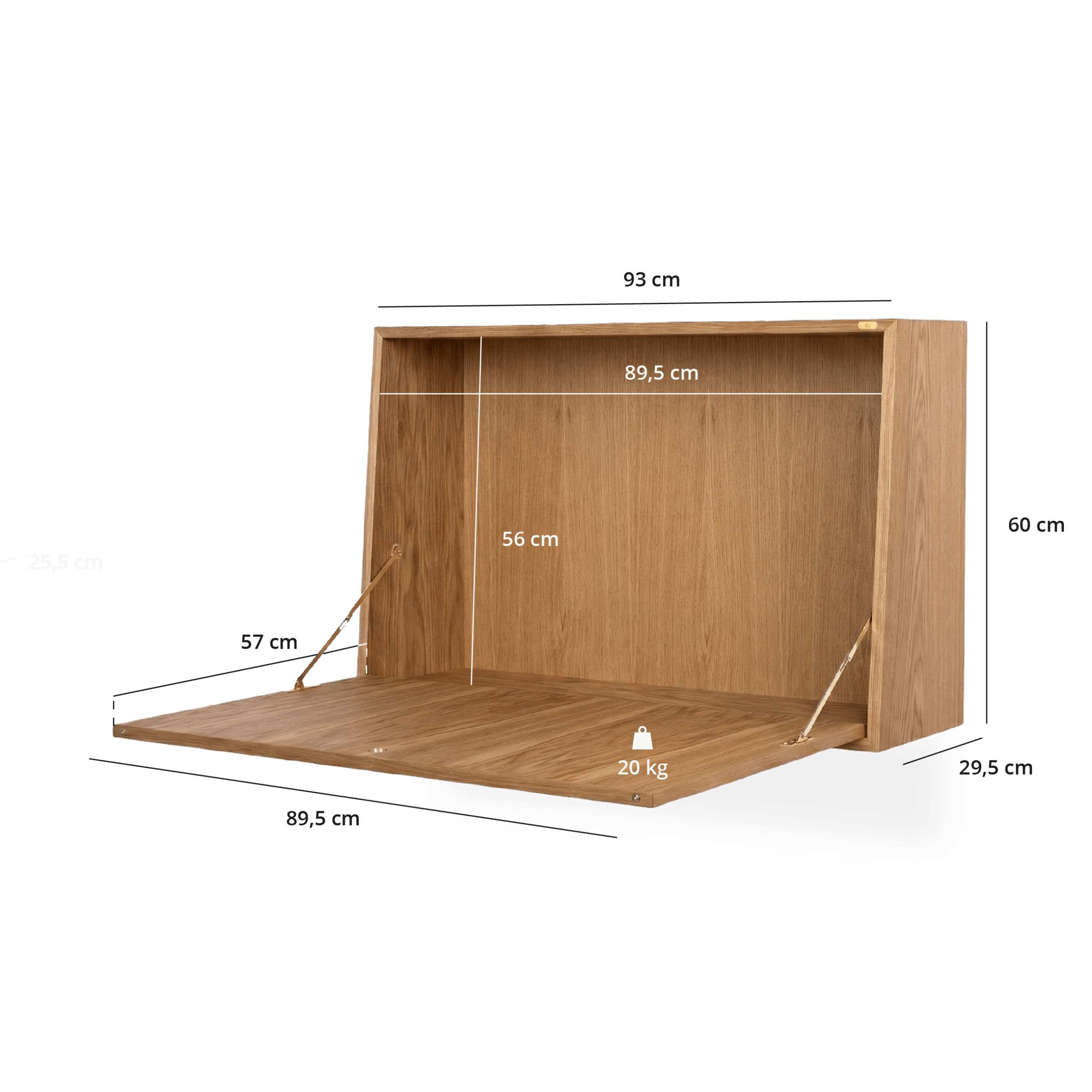 Væghængt skrivebord i egetræ, med tegninger af dimensionerne