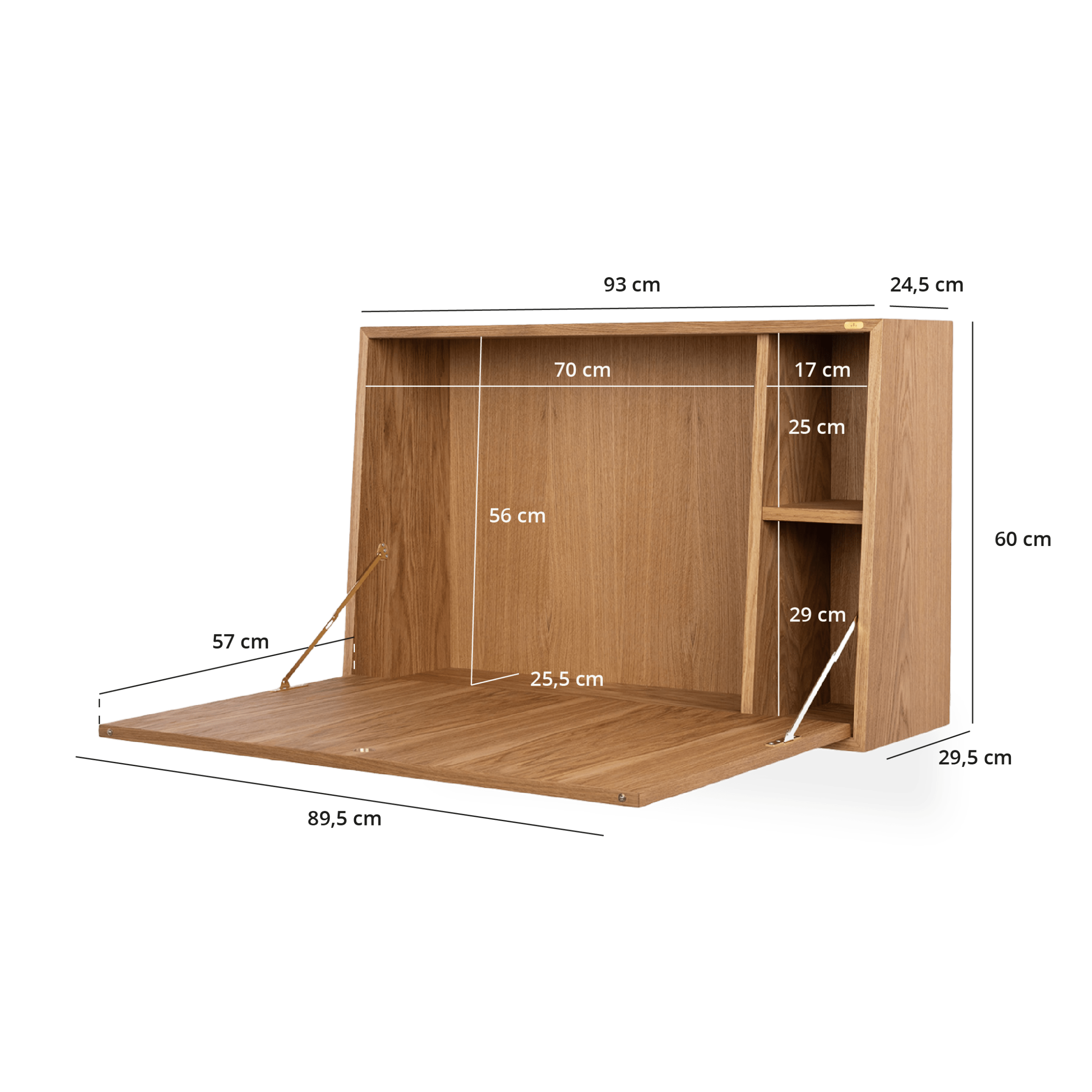 Væghængt skrivebord i egetræ, valnød eller røget egetræ, med tegninger af dimensionerne.
